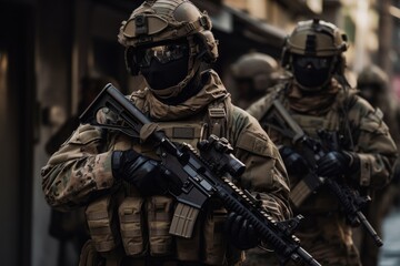 Soldiers in action. These soldiers are heavily armed and equipped, wearing full military gear and carrying weapons such as rifles and grenades Generative AI