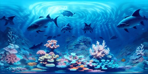 Photo of a painting depicting dolphins swimming over a vibrant coral reef