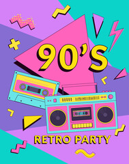 Retro party 90's poster, invitation card or banner with boombox, cassette and geometric elements. Music festival vector illustration. Background in Memphis style.