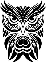 ﻿Tattoo of a black and white owl with Polynesian designs.