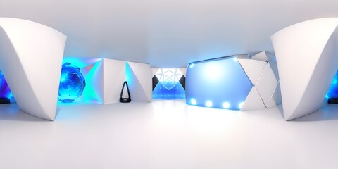 Photo of a minimalist white room illuminated with blue lights