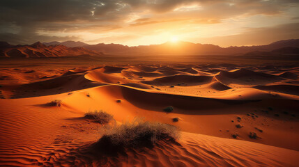 Desert at sunset with endless sand dunes