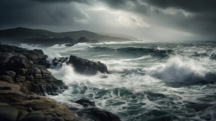 Stormy seas with tumultuous water against a grey sky