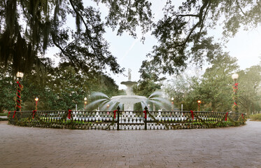 The fountain at Forsyth Park decorated for Christmas, in Savannah Georgia - 588150936