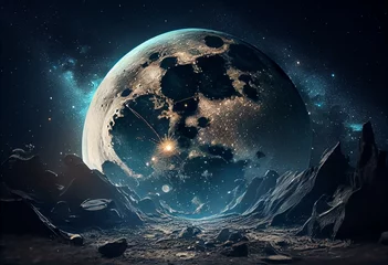 Foto auf Acrylglas Vollmond und Bäume the glowing moon, stars, asteriods background. Generative AI
