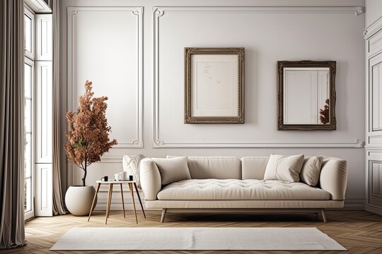 modern living room with a white sofa and two framed artworks on the wall. Generative AI