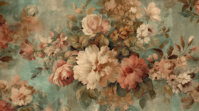 Vintage floral wallpaper with a rustic background