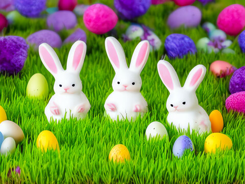 cute rabbit with easter eggs in the green meadow