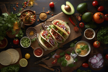 Fototapeta na wymiar Top view of original Mexican tacos with beef, tomatoes, avocado, chilli and onions isolated on rustic wood background. Concept menus and advertisement. Generative AI
