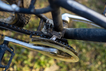 Bike parts on street. Preparation of bike for cycling season, repair, restoration.
