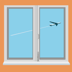 a window in an apartment with an airplane flying in the sky in a semi realistic style. a plastic window with a window sill, clouds and an airplane in vector. 