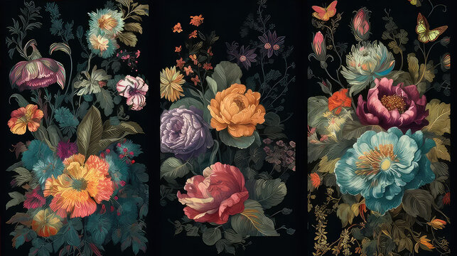Bold and exotic floral pattern on dark background