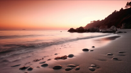 Fototapeta na wymiar Beach at Dawn with Soft Pink and Orange Hues