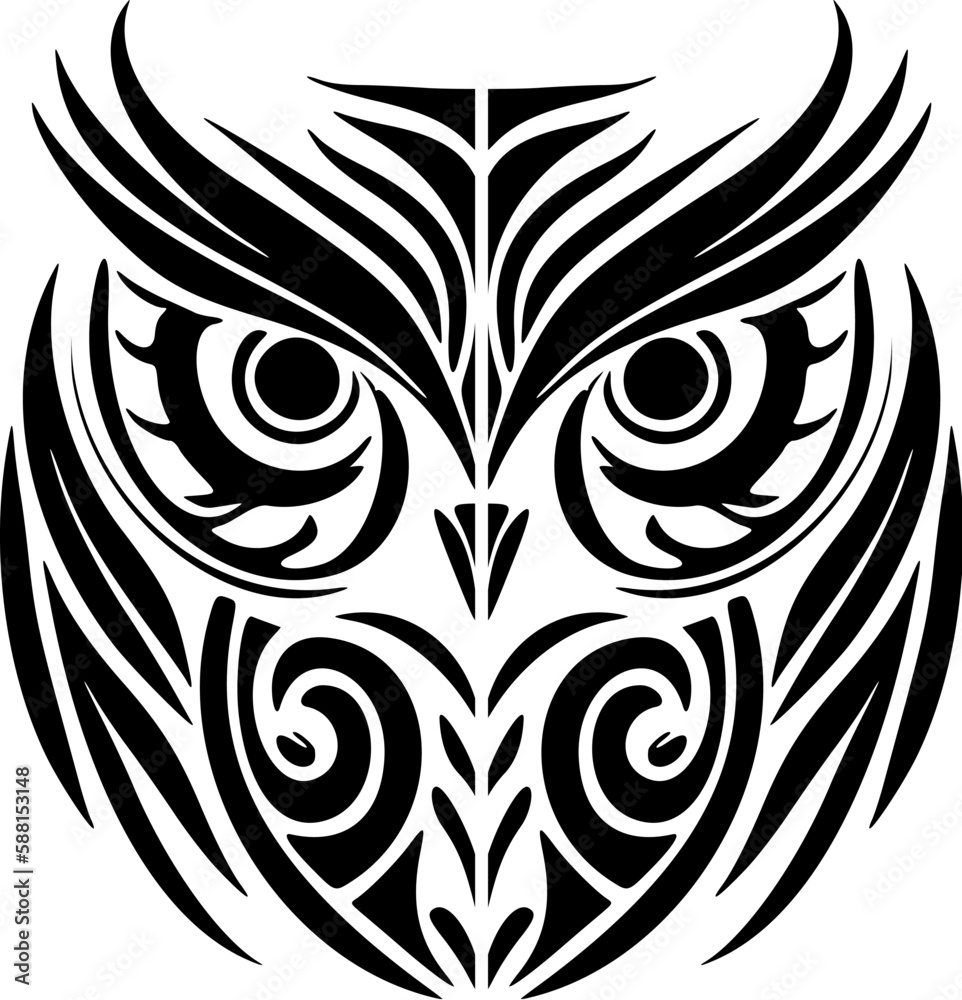 Wall mural ﻿Black & white owl tattoo with Polynesian design details.