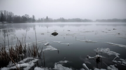 Frozen Lakes Still Ice-Covered Water Against a Misty Gray Background