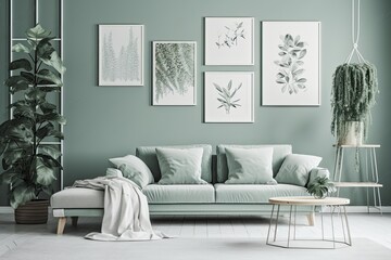 cozy living room with green walls and decorative pictures. Generative AI