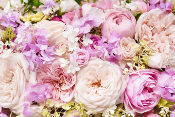 Delicate blooming festive roses and pink summer flowers, blossoming rose flower soft pastel background, bouquet floral card