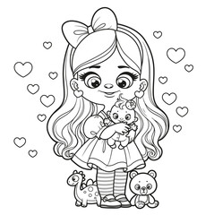 Cute cartoon girl with baby doll and toys outlined for coloring page on a white background