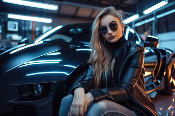 Fototapeta na wymiar Girl in black leather jacket and luxury sports car in maintenance shop, generative AI.