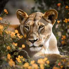 Lioness resting amidst vibrant flowers.