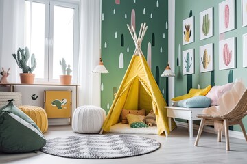 cozy child's room with a teepee tent and cactus wallpaper. Generative AI