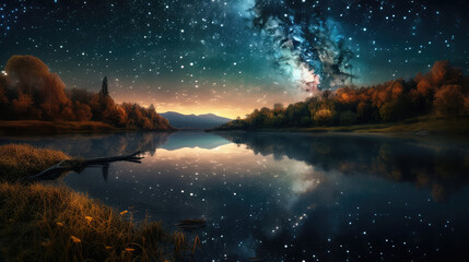 Starry night sky over a calm lake with reflections and shooting stars