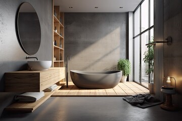 luxurious bathroom with a spacious bathtub and a scenic view from the window. Generative AI