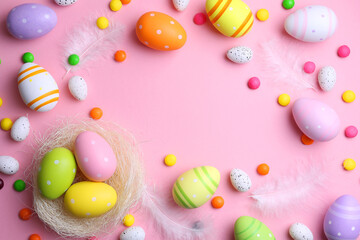 Easter eggs on a colored background, festive background 