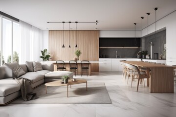 Fototapeta na wymiar cozy living room with a panoramic window and comfortable furniture. Generative AI