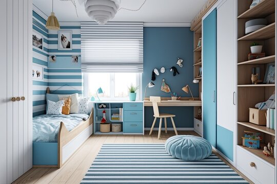 child's bedroom with blue and white striped walls and playful decor. Generative AI