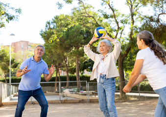Social club of joyful older diverse people enjoying volleyball on the October sunny day outdoors