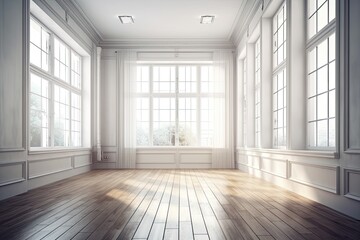 Fototapeta premium Illustration of an empty wooden-floored room with natural light coming through the windows. Generative AI