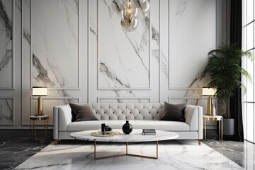modern living room with sleek marble walls and a minimalist white couch. Generative AI