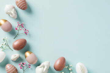 Happy Easter greeting card design. Elegant Easter eggs, decorative bunnies, minimal flowers on...