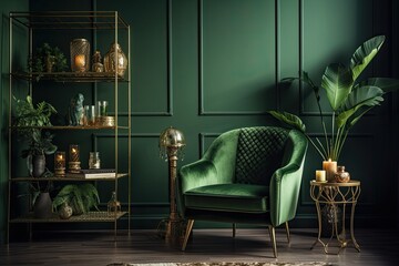 living room with green walls and a green chair. Generative AI