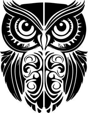 ﻿A black and white owl tattoo featuring Polynesian designs.