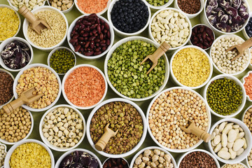 Mix of dry legume varieties: pinto and mung beans, assorted lentils, soyabean, yellow and green peas, chickpea; vegan high protein food for healthy diet	