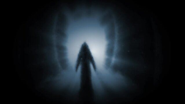 Dark lord stands in long corridor. Scary 2d animation. Light in end tunnel. Catacombs of ancient evil temple. Creepy visions of hell. Animated short video. Motion graphics for VJ loops, music clips. 