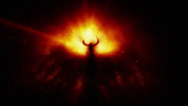 Spooky dark angel 2D animation. Horned demon stands inside gloom. Mysterious light inside murk. Horror fantasy genre. Scary character from nightmares. Creepy video clip. Orange and black background.