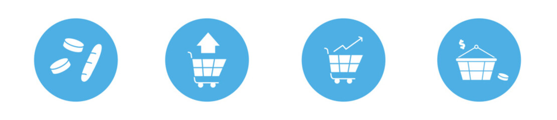 Global inflation modern icon set, food crisis concept, high grocery price vector icons, rising bills emblems, food scarce symbols isolated on white background