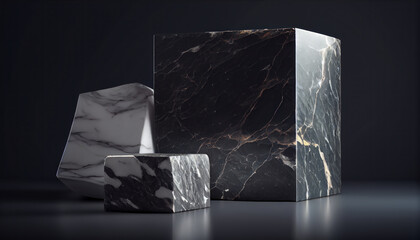 Marble stone podium on white concrete background, mock up scene with for product display.