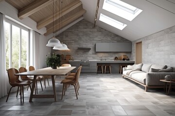 Fototapeta premium modern living room with natural lighting from a skylight and comfortable furniture. Generative AI