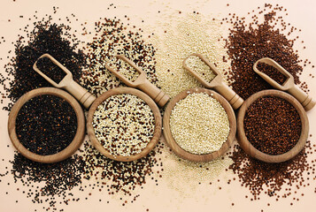 Colorful mix of quinoa grain varieties in wooden spoons, gluten free ancient grain for healthy diet	
