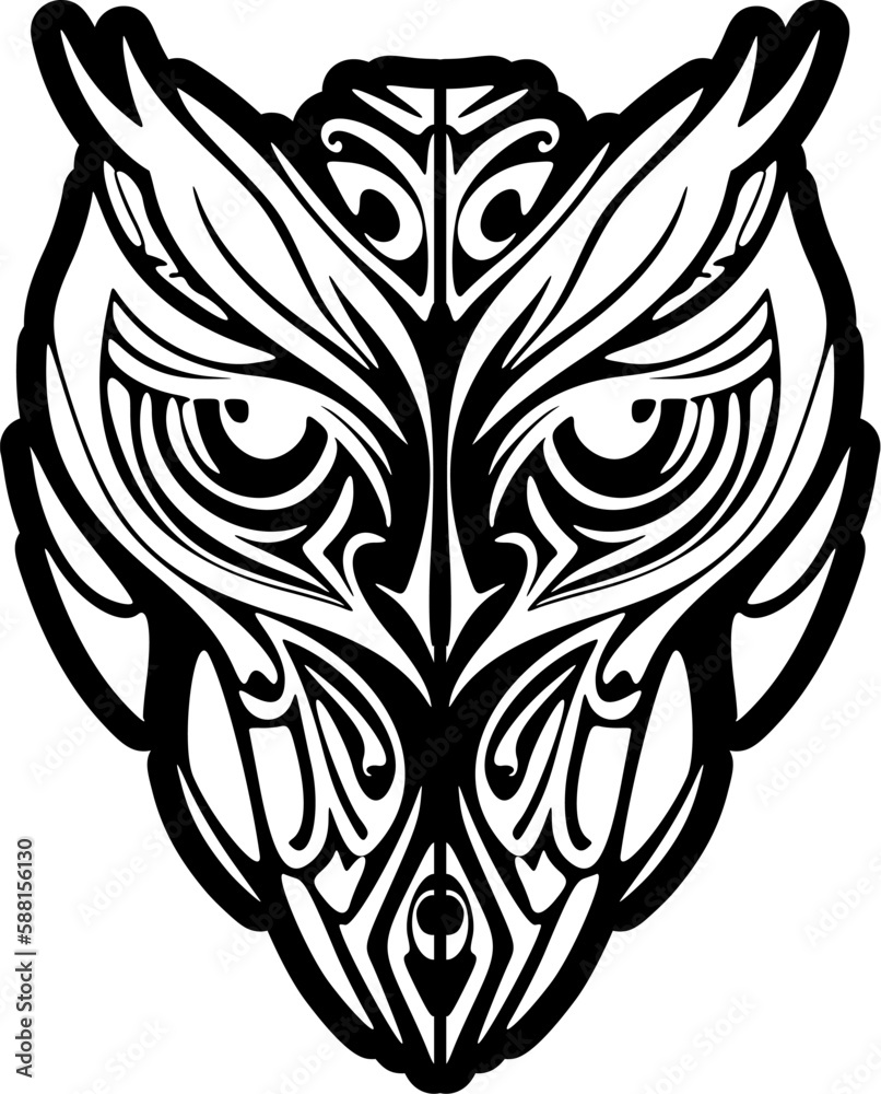 Wall mural ﻿A black and white owl tattoo with Polynesian designs.