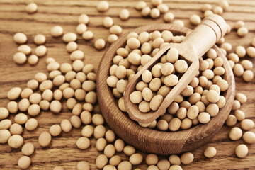 Dry soya beans in spoon, vegan soybean, protein legumes for healthy vegetarian diet, selective...