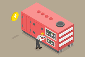 3D Isometric Flat Vector Conceptual Illustration of Stationary Industrial Power Generator, Energy Generating and Backup Equipment