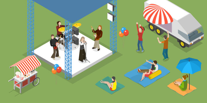 3D Isometric Flat Vector Conceptual Illustration of Outdoor Music Festival, Summer Public Entertainment Party