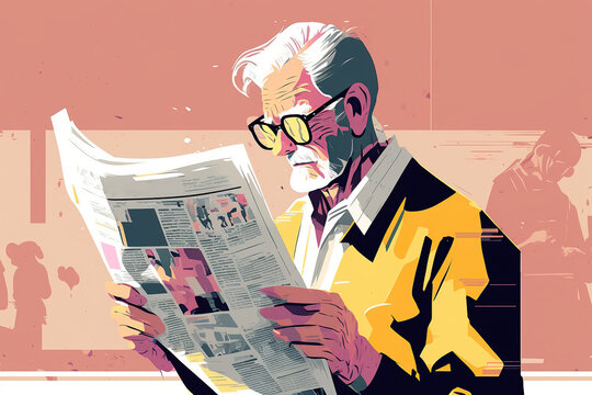Senior manreading newspaper on bright background, created with Generative AI technology
