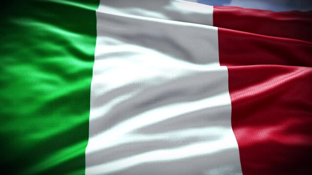 Flag of Italy. Waving Italian Flag on the Blue Sky background, Closeup.  National flag of Italy, 3D 4K video