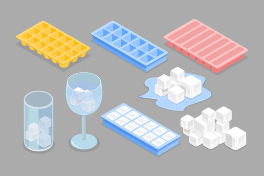 3D Isometric Flat Vector Set of Ice Cubes for Cocktails, Plastic Trays